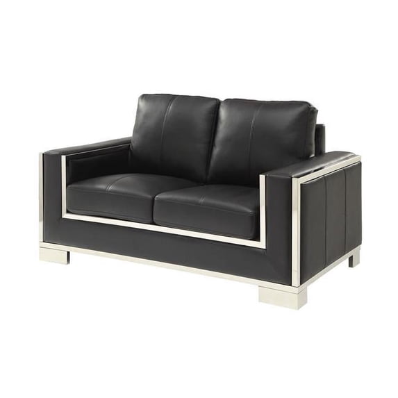 Benzara Leather Gel Love Seat with Stainless Steel Trim-Color:Black