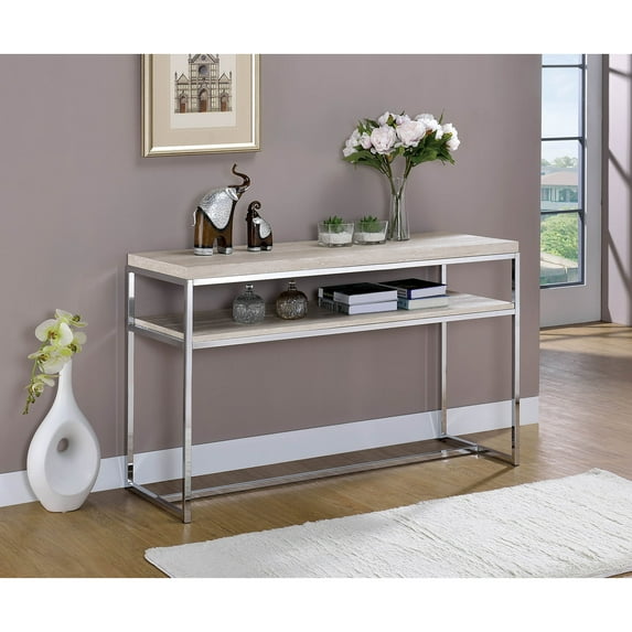 Benzara Metal Framed Sofa Table with Wooden Top and Shelf, Silver and Weathered White