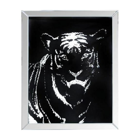 Rectangular Mirror framed Tiger Wall Dcor With Crystal Inlays, Black & Silver