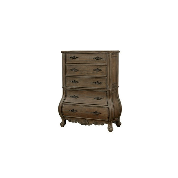 Benzara Traditional Solid Wood Five Drawer Chest with Scrolled Feet, Rustic Brown