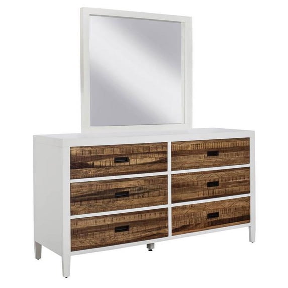 Benzara BM187780 Rustic Plank Wood Six Drawer Dresser with Flush Mount Pull, White & Brown - 34 x 63 x 18 in.