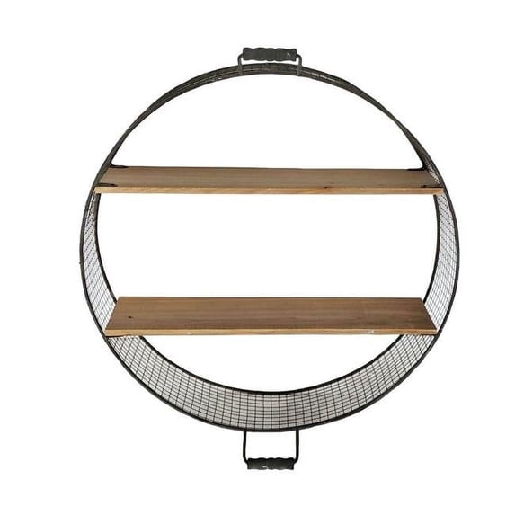 Benzara BM188524 Iron Wire Round Wall Shelf with Two Fir Wood Shelves & Two Handles, Black & Brown - 25 x 6 x 22 in.