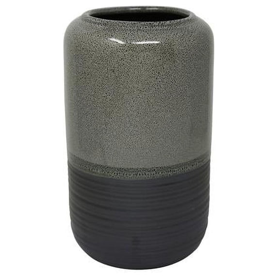 Benzara BM188828 Cylinder Shaped Ceramic Vase with Wide Opening, Small - Gray & Black - 9.5 x 5.75 x 5.75 in.