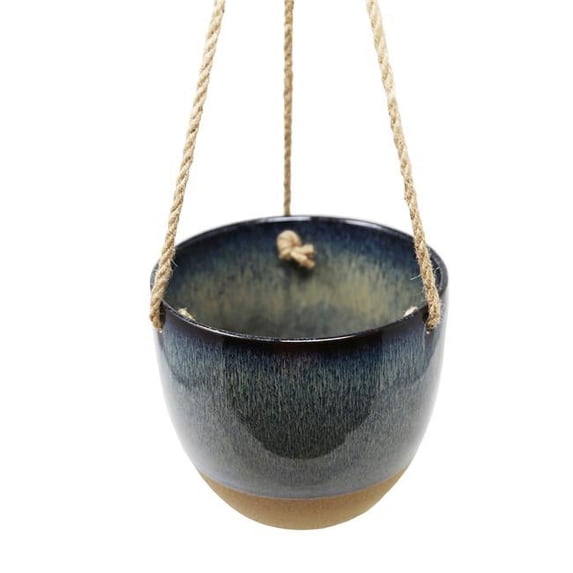 Benzara BM189428 Two Tone Ceramic Bowl Planter with Hanging Rope Handle, Blue & Brown - 5.75 x 6.75 x 6.75 in.