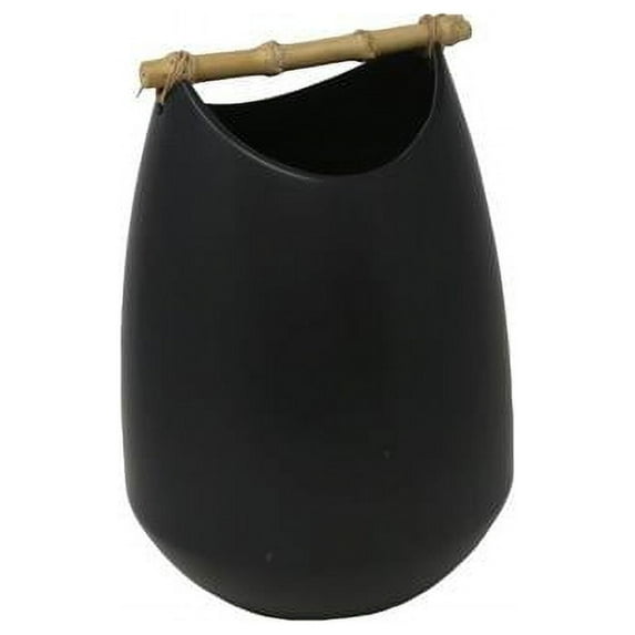 Benzara BM190278 Ceramic Vase with Bamboo Handle & Round Base - Matte Black - Small