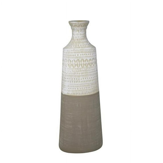 Benzara BM190610 Ceramic Bottle Shaped Vase with Tribal Pattern - White & Beige