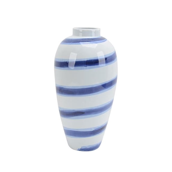 Benzara Ceramic Vase in Convex Shape with Striped Pattern, White and Blue