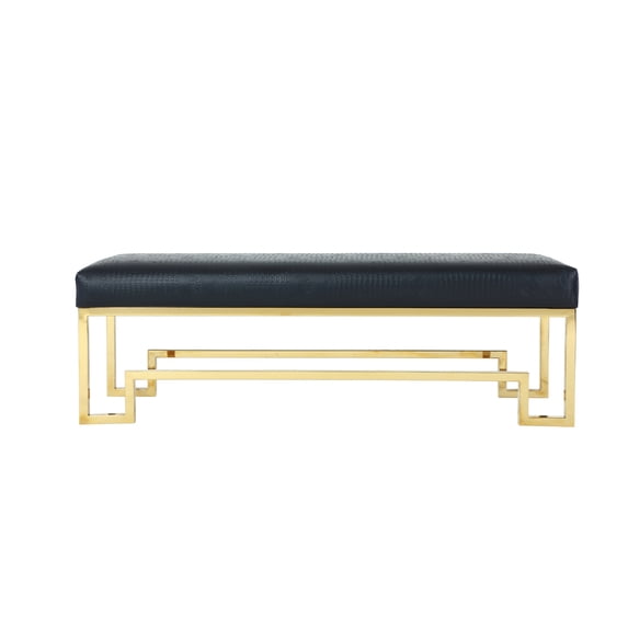 Benzara BM191655 Rectangular Faux Leather Upholstered Bench with Stainless Steel Base - Black & Gold - 16 x 54 x 18 in.