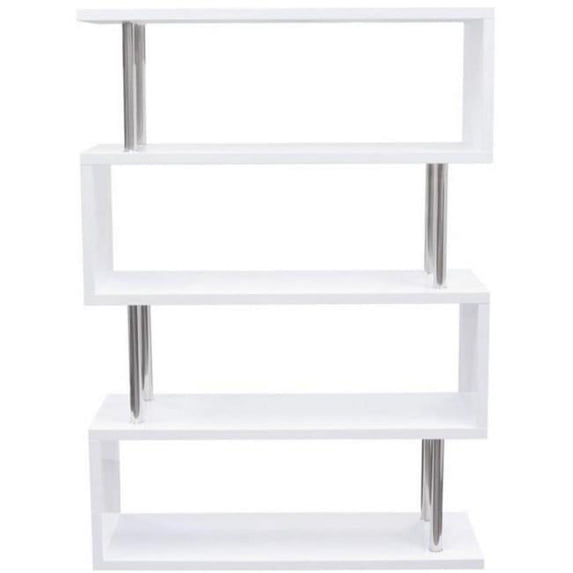 Benzara BM192112 Wooden Four Tier Shelving Unit with Stainless Steel Metal Supports - White & Silver - 47 x 16 x 67 in.