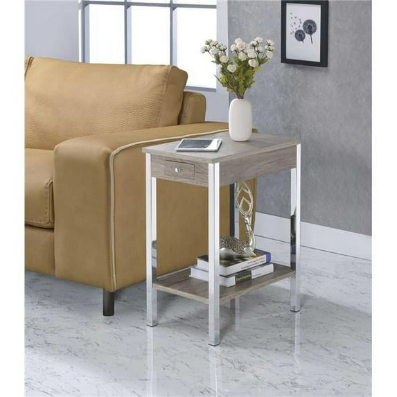 Benzara BM194271 Wooden Side Table with Tubular Metal Legs & USB Dock, Brown & Silver - 24 x 11.75 x 18 in.