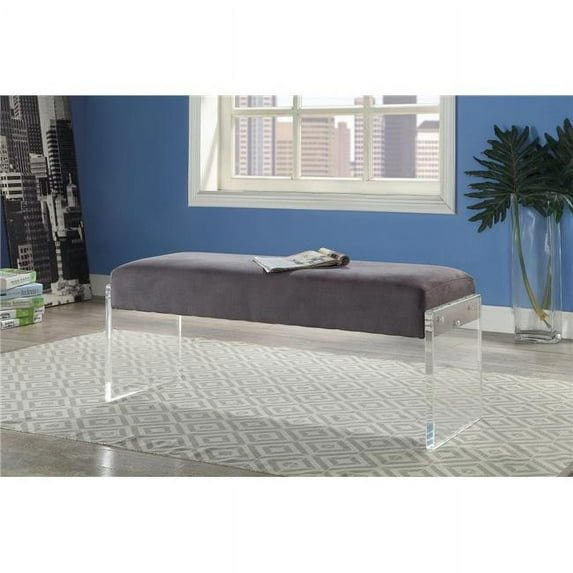 Benzara BM194360 Fabric Upholstered Wooden Bench with Acrylic Sled Base, Gray & Clear - 19 x 16.5 x 46 in.