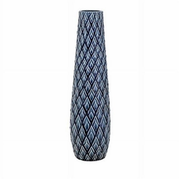 Benzara BM195385 Decorative Ceramic Table Vase with Embossed Diamond Pattern, Blue