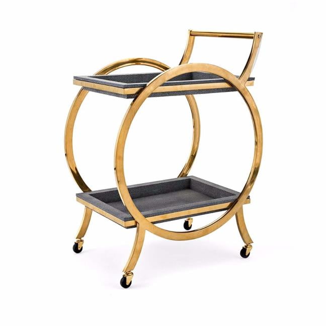 Benzara BM195408 Metal Serving Cart with Two Wooden Removable Trays Covered in Faux Leather, Gold & Gray
