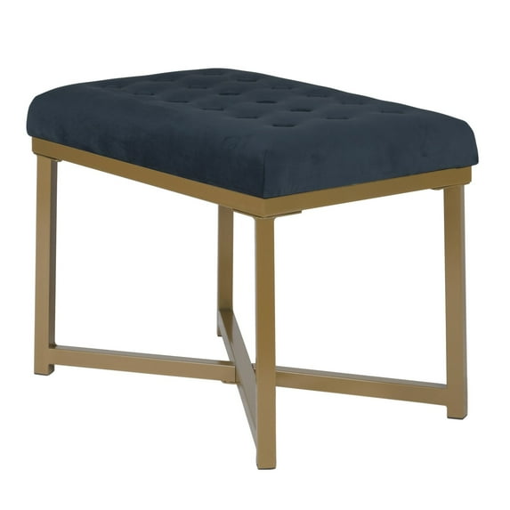 Benjara Metal Framed Bench with Button Tufted Velvet Upholstered Seat, Dark Blue and Gold
