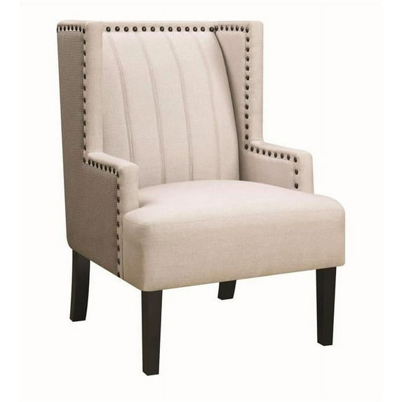 Benzara BM196745 Fabric Upholstered Wooden Accent Chair with Stitched Wingback, Beige & Brown - 41.5 x 29 x 31 in.