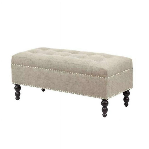 Benzara BM197640 Fabric Upholstered Tufted Ottoman with Turned Wooden Legs, Beige - 38 x 17 x 17 in.