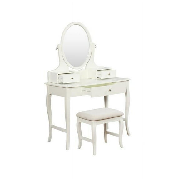 Benzara BM200060 Wooden Vanity Set with Oval Shape Swivel Mirror & 3 Drawers, White
