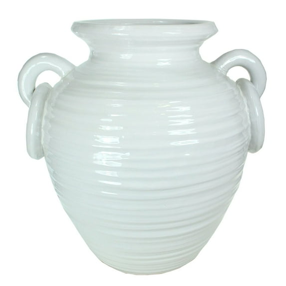 decorative Urn Shaped Ceramic Pot with Ring Handles, Small, White