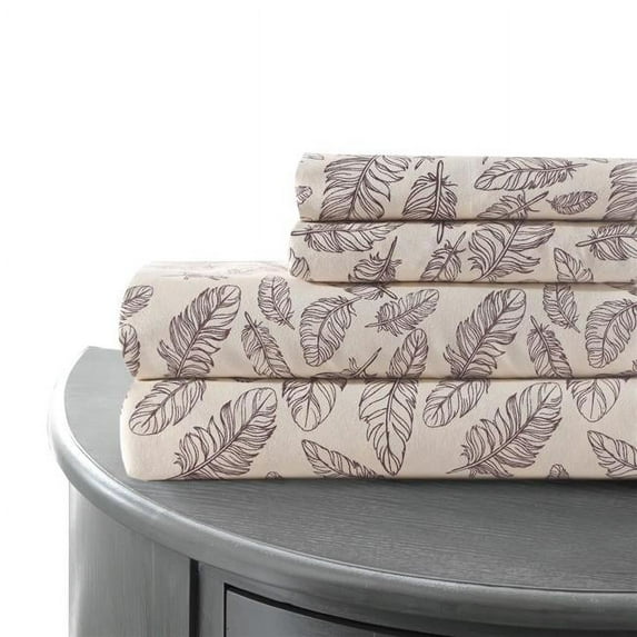 Benzara BM202162 Venice Feather Print California King Size Sheet Set, Beige & Brown - 4 Piece