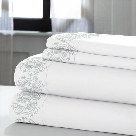 Benzara BM202620 Cannes Queen Size Paisley Hem Cotton Sheet Set, White & Gray - 4 Piece