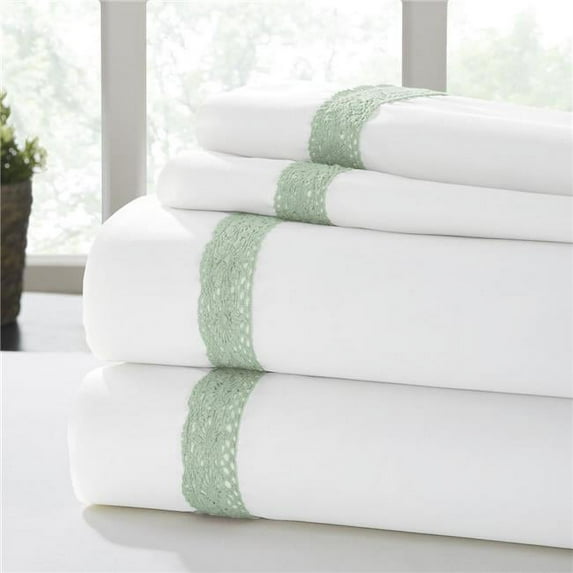 Benzara BM202910 Pisa Sunshine Lace Hem Full Size Sheet Set, White & Green - 4 Piece