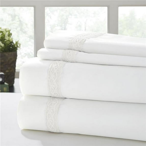 Benzara BM202949 Pisa Daisy Lace Hem Queen Size Sheet Set, White - 4 Piece