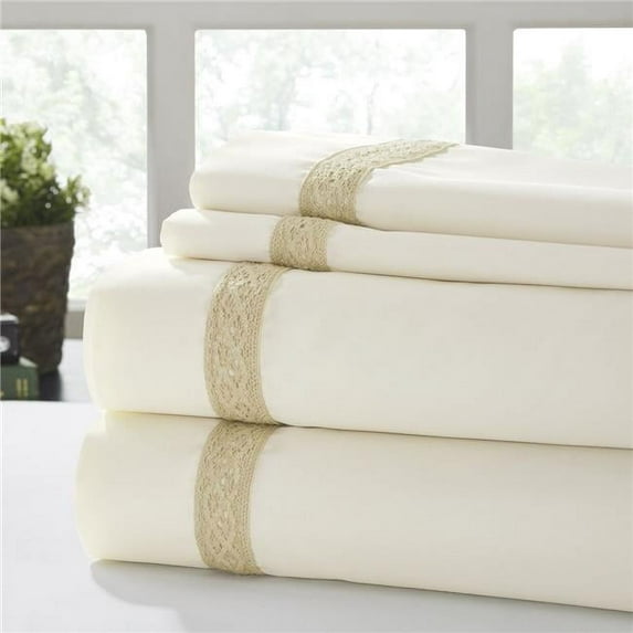 Benzara BM202996 Pisa Daisy Lace Hem California King Size Sheet Set, Beige - 4 Piece