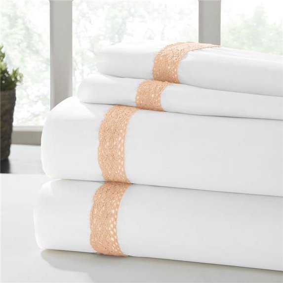 Benzara BM203013 Pisa Lace Hem King Size Sheet Set, White & Orange - 4 Piece