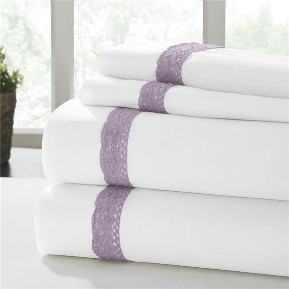 Benzara BM203015 Pisa Lace Hem King Size Sheet Set, White & Purple - 4 Piece