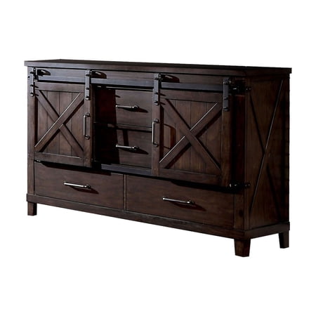 Benzara BM203150 Farmhouse Wood & Metal Dresser with Sliding Cabinets, Walnut Brown