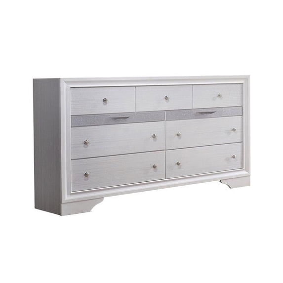 Benzara BM203165 Wooden Dresser with 7 Drawers & 2 Jewelry Drawer, White & Silver