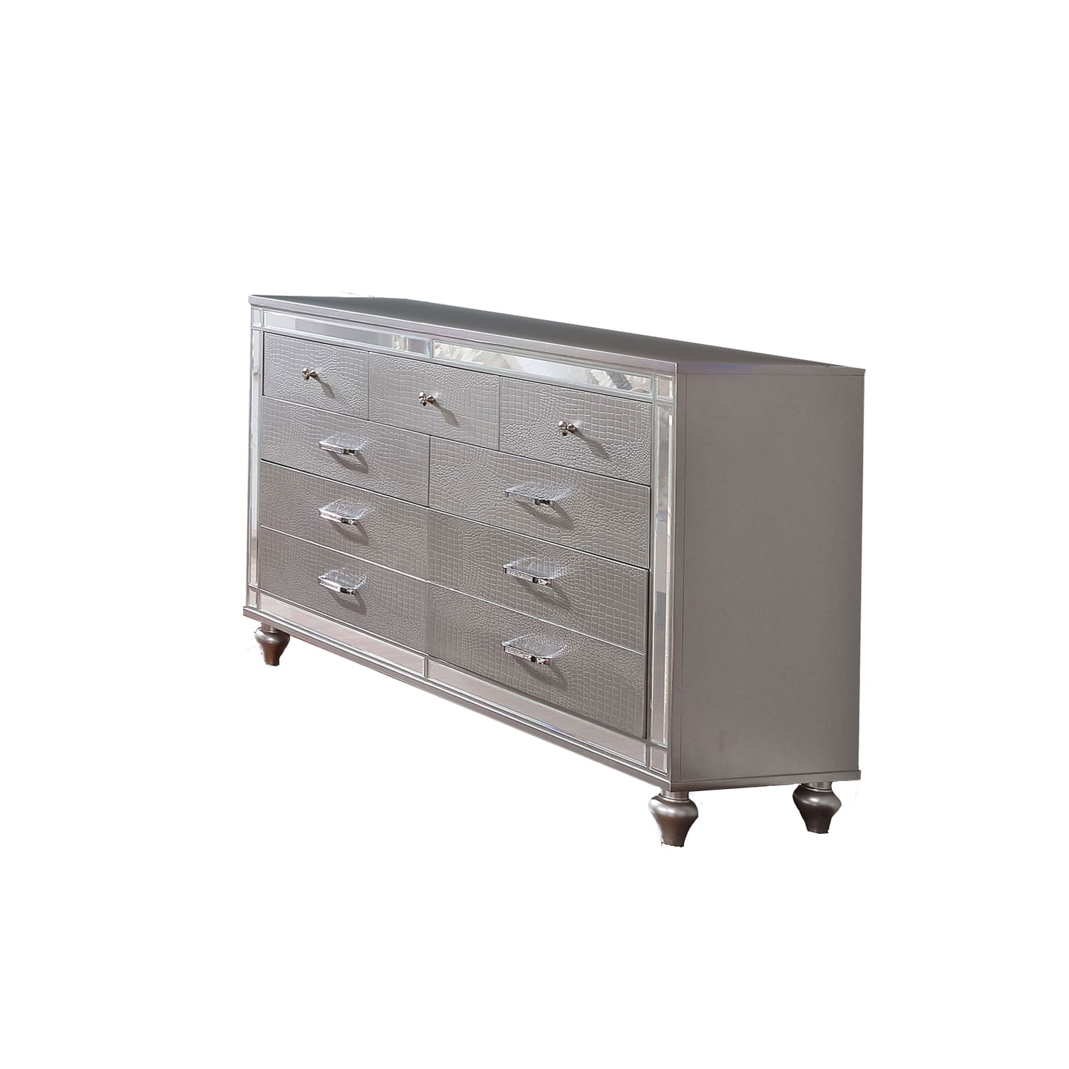 Silver Contemporary Wooden Dresser with Mirror Trim and 9 Drawers