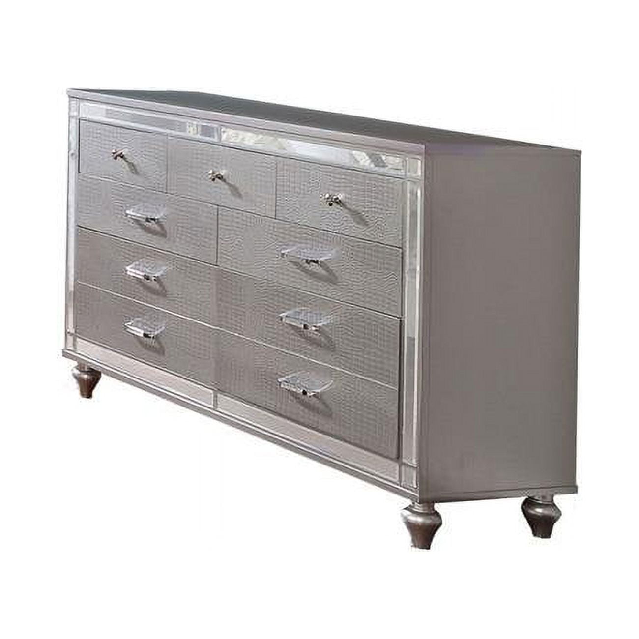 Silver Contemporary Wooden Dresser with Mirror Trim and 9 Drawers