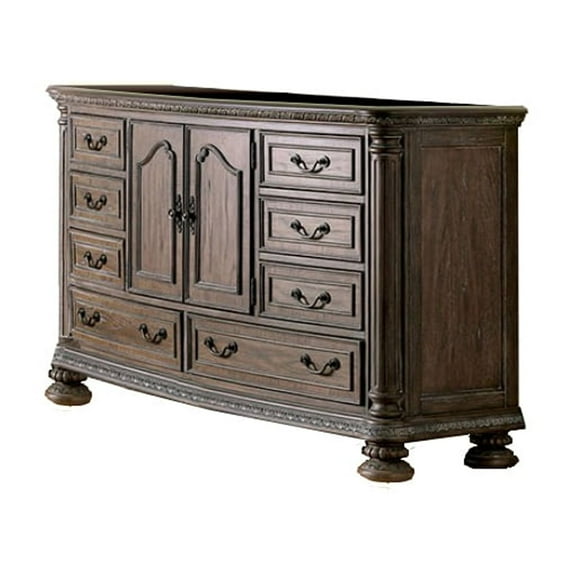 Benzara BM203242 8 Drawers Wooden Dresser with Cabinet & Carving Details, Brown