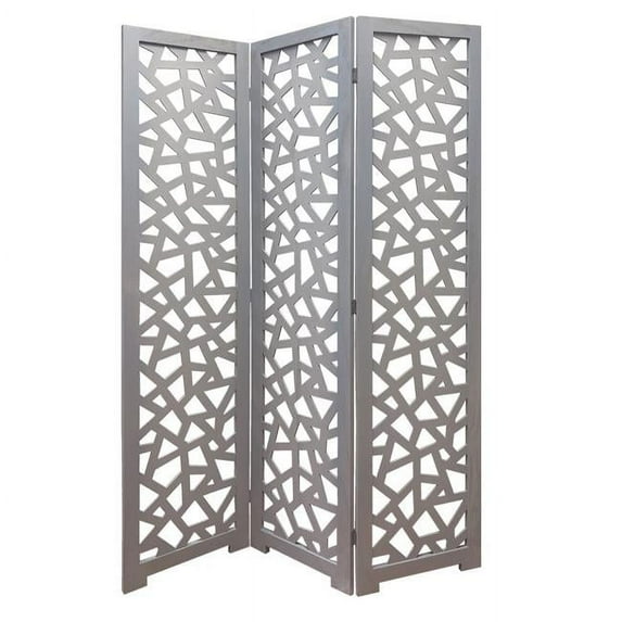 Benzara BM205860 3 Panel Contemporary Wooden Screen with Cut Pattern Design, Gray