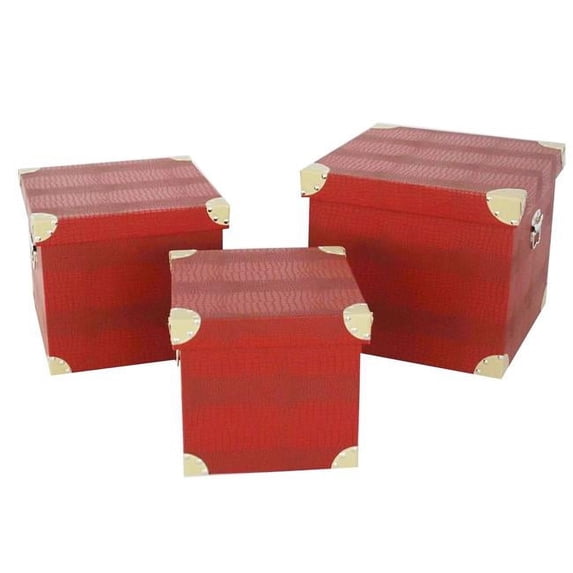 Benzara BM205925 Storage Trunk with Textured Canvas Upholstery, Red & Gold - Set of 3