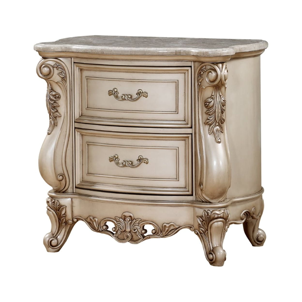 White 2-Drawer Nightstand with Marble Top and Floral Moulding