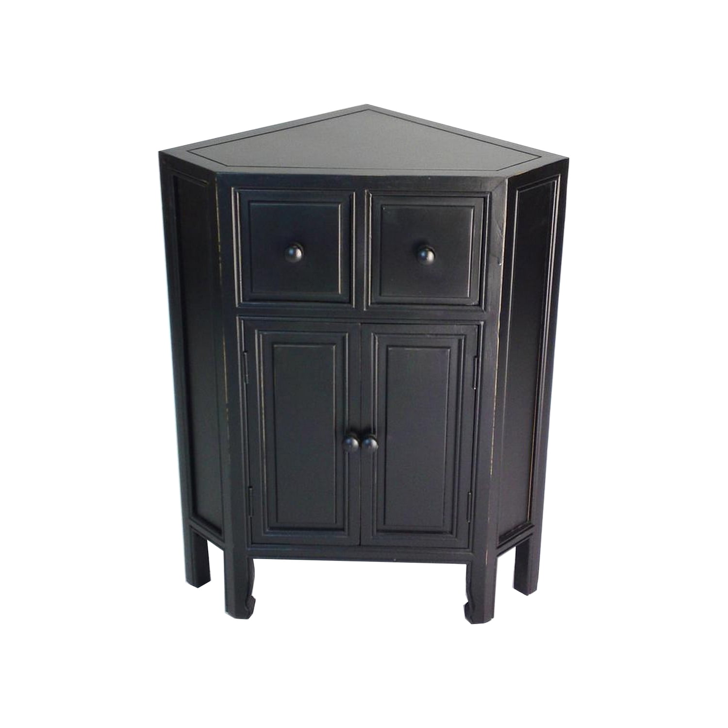 34 Inch Wooden 2 Door Corner Cabinet with 2 Drawers, Black