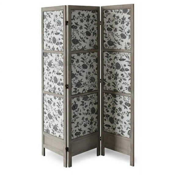 Benzara BM26554 3 Panel Transitional Fabric Screen with Sections & Floral Print, Gray