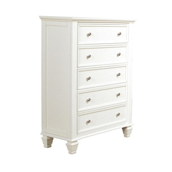 Benzara BM296707 53 in. Lila Tall Wood Dresser Chest of 5 Drawers with Raised Panels, White & Nickel