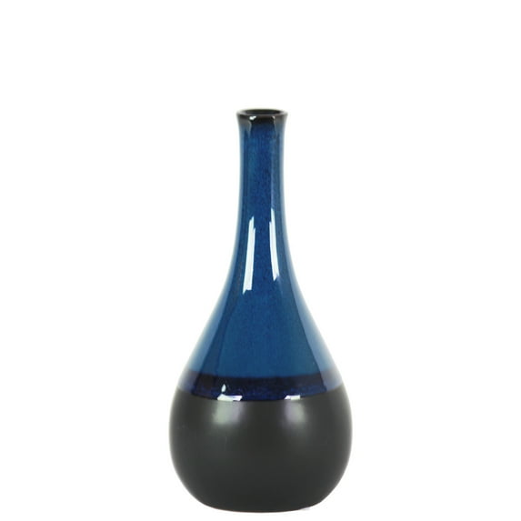 Benzara Bellied Stoneware Vase With Black Banded Rim-Color:Blue and Black