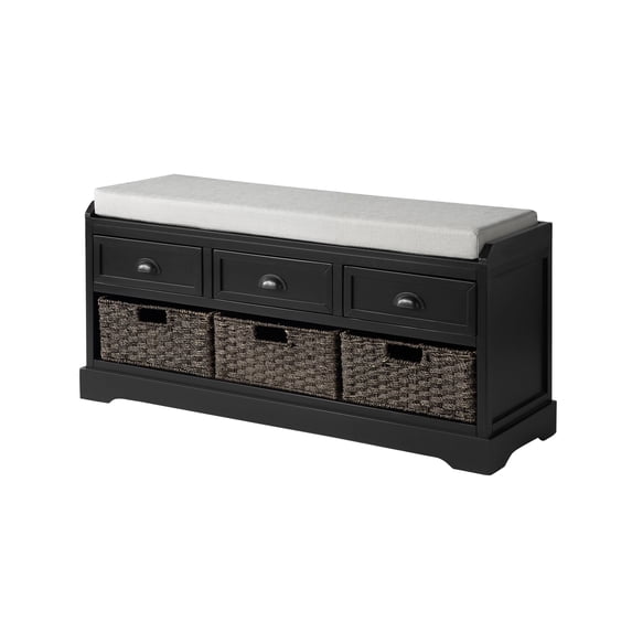 Benzara Bench with 3 Drawers and 3 Pull Out Woven Backets, Black