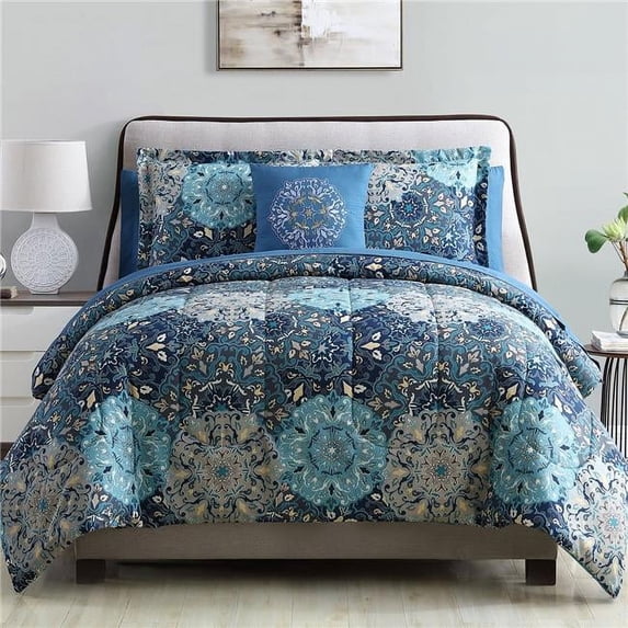 Benzara Caen 8 Piece Printed Reversible Queen Size Comforter Set , Blue