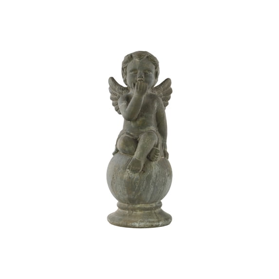 Benzara Cemented Sitting Cherub Figurine On Spherical Pedestal