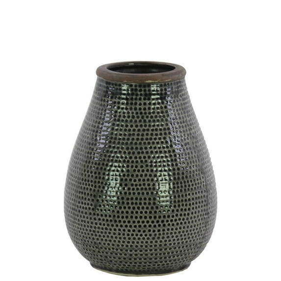 Benzara Ceramic Bellied Vase With Dimpled Pattern-Color:Gray