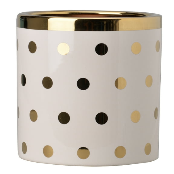 Benjara Ceramic Cylindrical Planter with Polka Dots Pattern, White and Gold