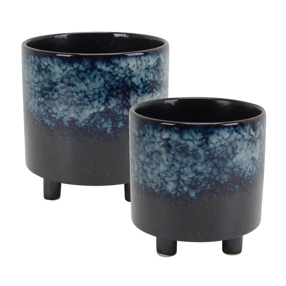 Benzara Ceramic Footed Planters with Cylindrical Shape, Blue, Set of Two