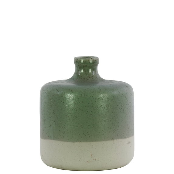 Benzara Ceramic Round Narrow Neck White Banded Rim Bottom Vase-Color:Green and White