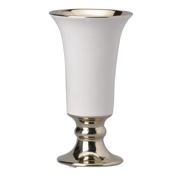 Benjara Ceramic Vase with Flared Top and Pedestal Base, Medium, White and Gold
