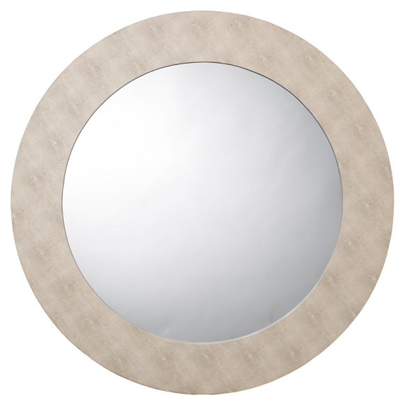 Benzara Chester 36 Inch Round Modern Mirror, Textured Shagreen, Beveled Edge, Ivory